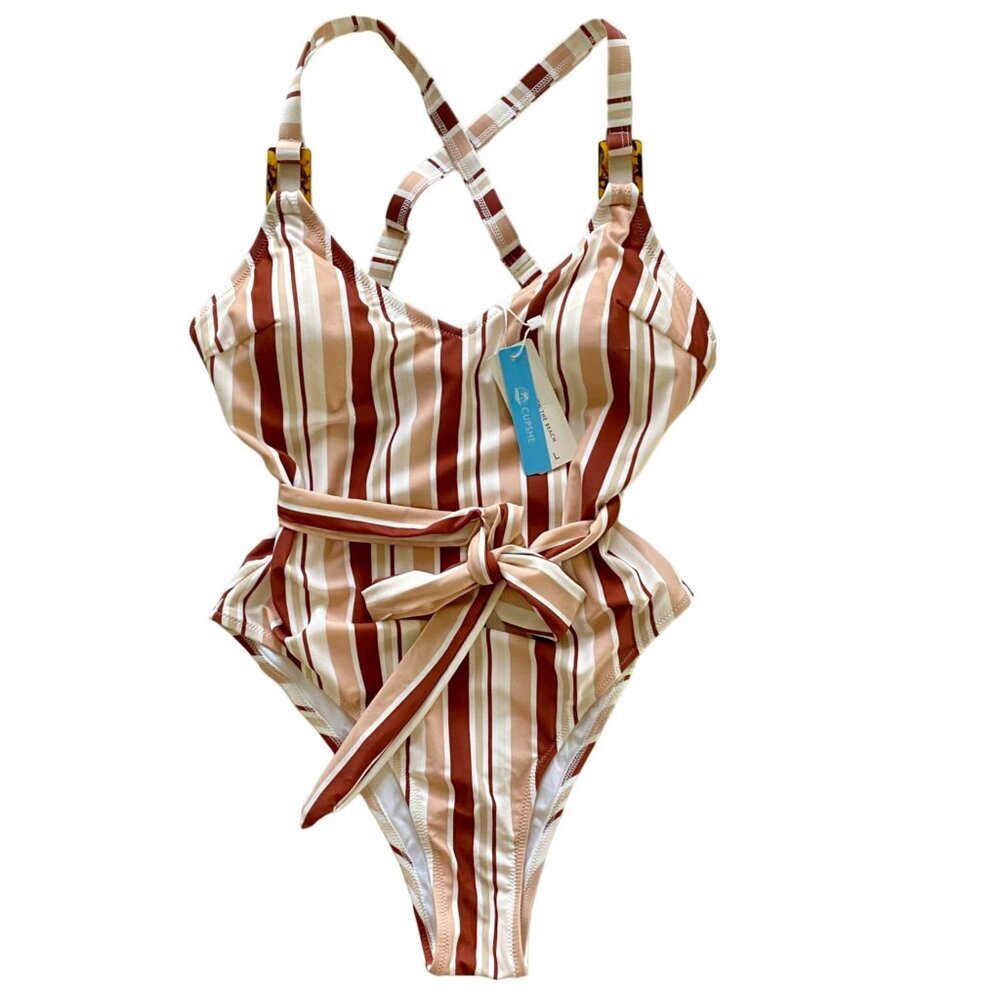 Cupshe One Piece Striped Cross Back Belted Swimsuit Women's Large NEW NWT